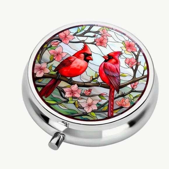 2 Cardinal Stained Glass Style Pill Box. 2" X .7” Three Compartments. NWOT - Picture 7 of 8